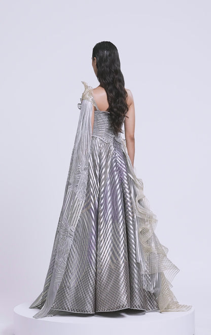 METALLIC CORDED CORAL FLARED GOWN