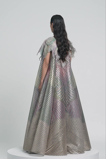 METALLIC FLUTED TULLE PRINTED CAPE AND SKIRT SET